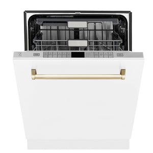 ZLINE Autograph Edition 36 in. Kitchen Package with Stainless Steel Dual Fuel Range with White Matte Door, Range Hood and Dishwasher with Polished Gold Accents (3AKP-RAWMRHDWM36-G) 