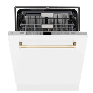 ZLINE Autograph Edition 48 in. Kitchen Package with Stainless Steel Dual Fuel Range with White Matte Door, Range Hood and Dishwasher with Polished Gold Accents (3AKP-RAWMRHDWM48-G) 
