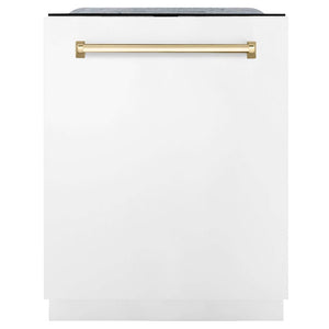 ZLINE Autograph Edition 30 in. Kitchen Package with Stainless Steel Dual Fuel Range with White Matte Door, Range Hood and Dishwasher with Polished Gold Accents (3AKP-RAWMRHDWM30-G) 