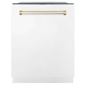 ZLINE Autograph Edition 48 in. Kitchen Package with Stainless Steel Dual Fuel Range with White Matte Door, Range Hood and Dishwasher with Polished Gold Accents (3AKP-RAWMRHDWM48-G) 