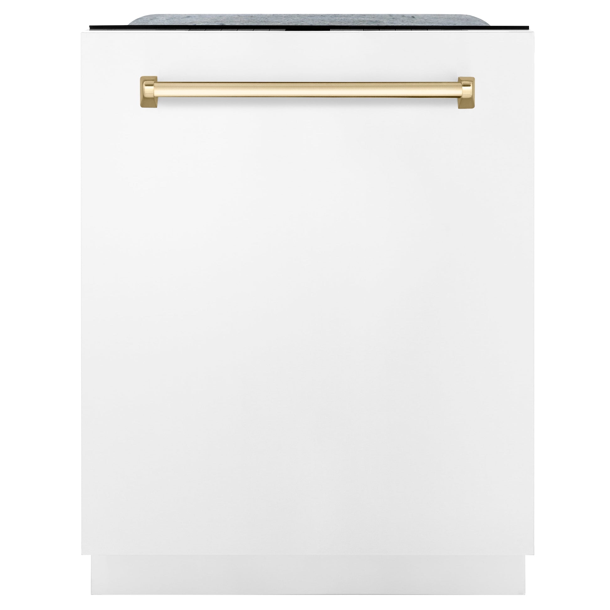 ZLINE Autograph Edition 24 in. 3rd Rack Top Touch Control Tall Tub Dishwasher in White Matte with Polished Gold Accent Handle, 45dBa (DWMTZ-WM-24-G) front.