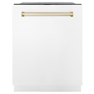 ZLINE Autograph Edition 24 in. 3rd Rack Top Touch Control Tall Tub Dishwasher in White Matte with Polished Gold Accent Handle, 45dBa (DWMTZ-WM-24-G) front, closed.