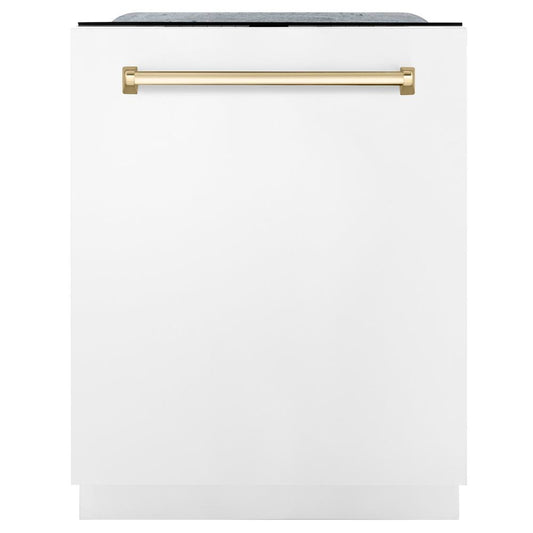ZLINE Autograph Edition 24 in. 3rd Rack Top Touch Control Tall Tub Dishwasher in White Matte with Polished Gold Accent Handle, 45dBa (DWMTZ-WM-24-G) front, closed.