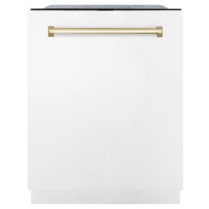 ZLINE Autograph Edition 24 in. 3rd Rack Top Touch Control Tall Tub Dishwasher in White Matte with Polished Gold Accent Handle, 45dBa (DWMTZ-WM-24-G) front.