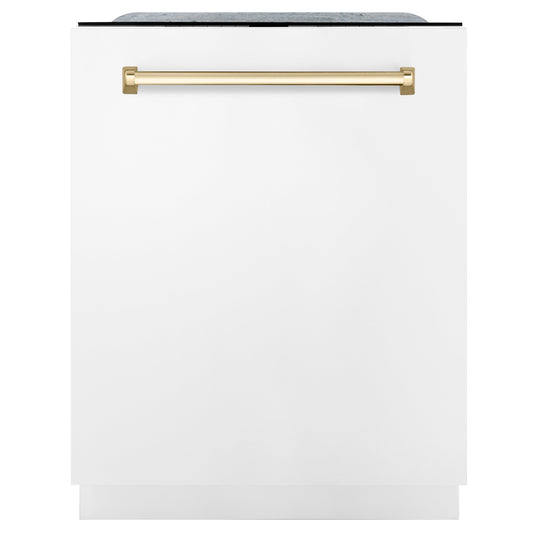 ZLINE Autograph Edition 24 in. 3rd Rack Top Touch Control Tall Tub Dishwasher in White Matte with Polished Gold Accent Handle, 45dBa (DWMTZ-WM-24-G) front, closed.