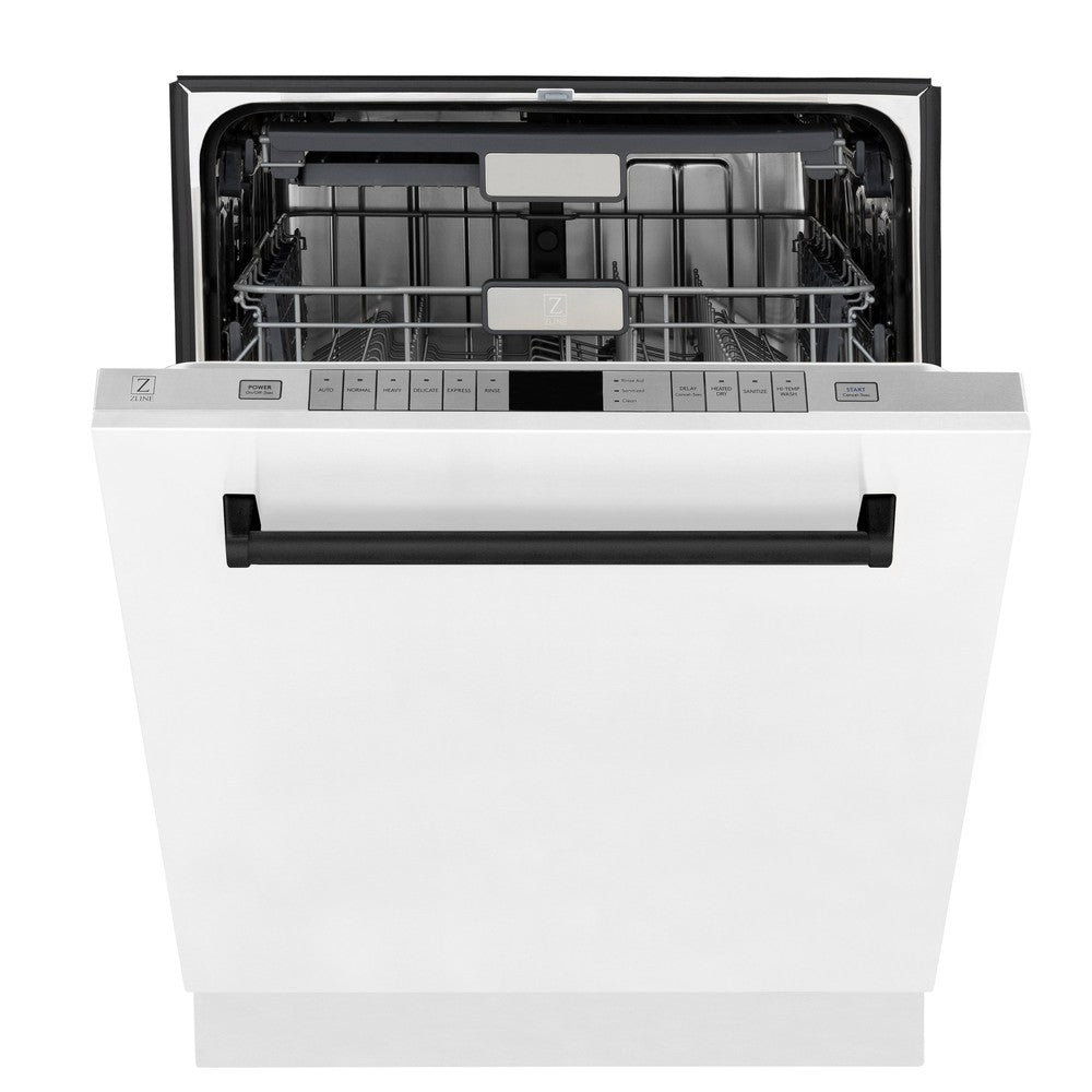 ZLINE Autograph Edition 24 in. 3rd Rack Top Touch Control Tall Tub Dishwasher in White Matte with Matte Black Accent Handle, 45dBa (DWMTZ-WM-24-MB) front, half open.