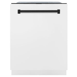 ZLINE Autograph Edition 24 in. 3rd Rack Top Touch Control Tall Tub Dishwasher in White Matte with Matte Black Accent Handle, 45dBa (DWMTZ-WM-24-MB) front, closed.