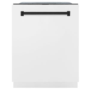 ZLINE Autograph Edition 24 in. 3rd Rack Top Touch Control Tall Tub Dishwasher in White Matte with Matte Black Accent Handle, 45dBa (DWMTZ-WM-24-MB) front, closed.