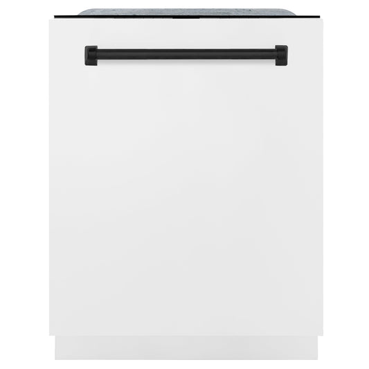 ZLINE Autograph Edition 24 in. 3rd Rack Top Touch Control Tall Tub Dishwasher in White Matte with Matte Black Accent Handle, 45dBa (DWMTZ-WM-24-MB) front, closed.