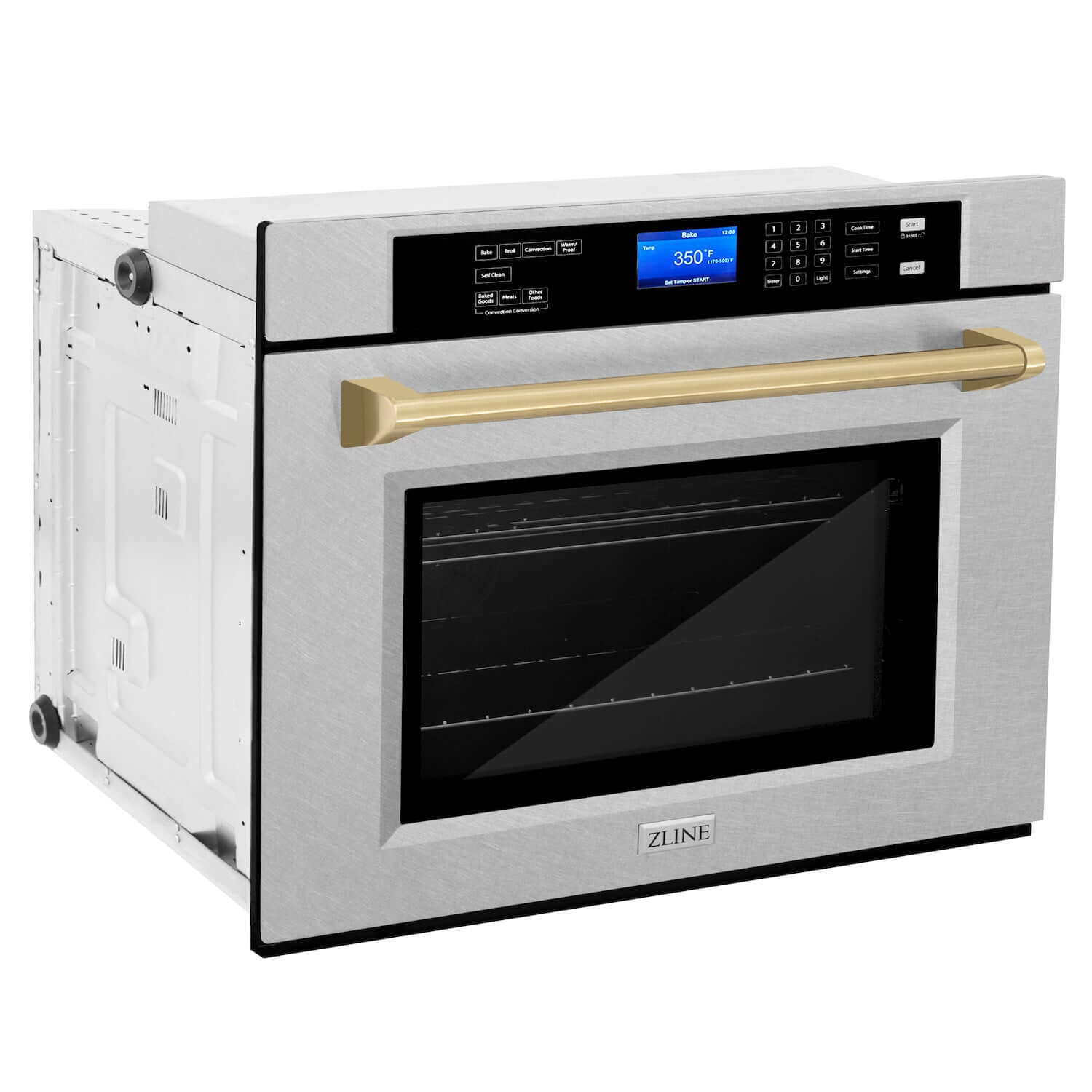 ZLINE Autograph Edition 30 in. Electric Single Wall Oven with Self Clean and True Convection in Fingerprint Resistant Stainless Steel and Champagne Bronze Accents (AWSSZ-30-CB) side, closed.