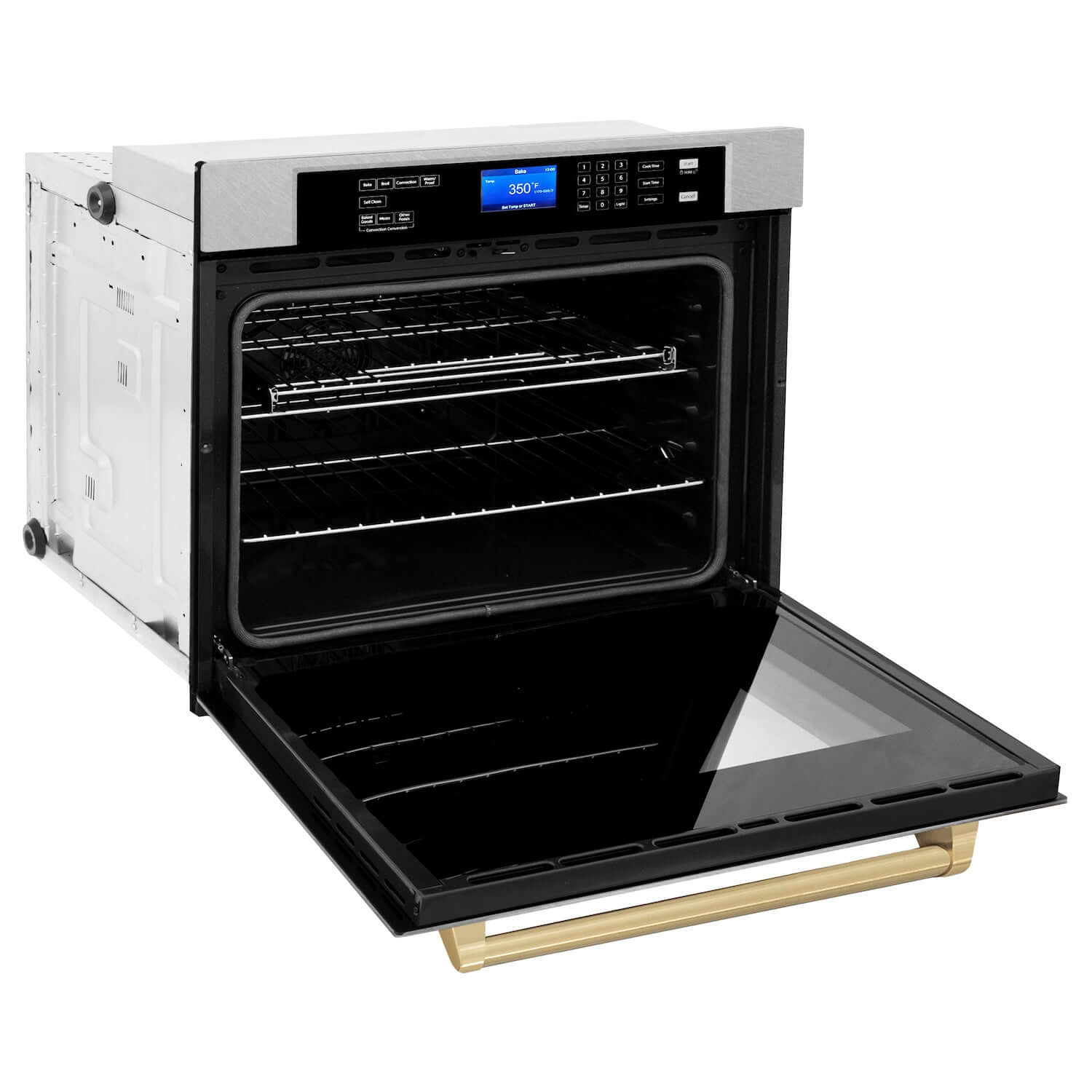 ZLINE Autograph Edition 30 in. Electric Single Wall Oven with Self Clean and True Convection in Fingerprint Resistant Stainless Steel and Champagne Bronze Accents (AWSSZ-30-CB) side, open.