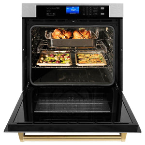 ZLINE Autograph Edition 30 in. Electric Single Wall Oven with Self Clean and True Convection in Fingerprint Resistant Stainless Steel and Polished Gold Accents (AWSSZ-30-G) front, open.