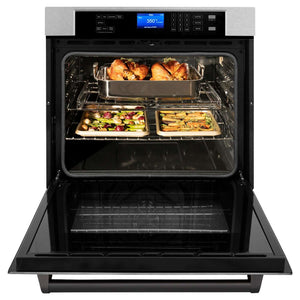 ZLINE Autograph Edition 30 in. Electric Single Wall Oven with Self Clean and True Convection in Fingerprint Resistant Stainless Steel and Matte Black Accents (AWSSZ-30-MB) front, open.