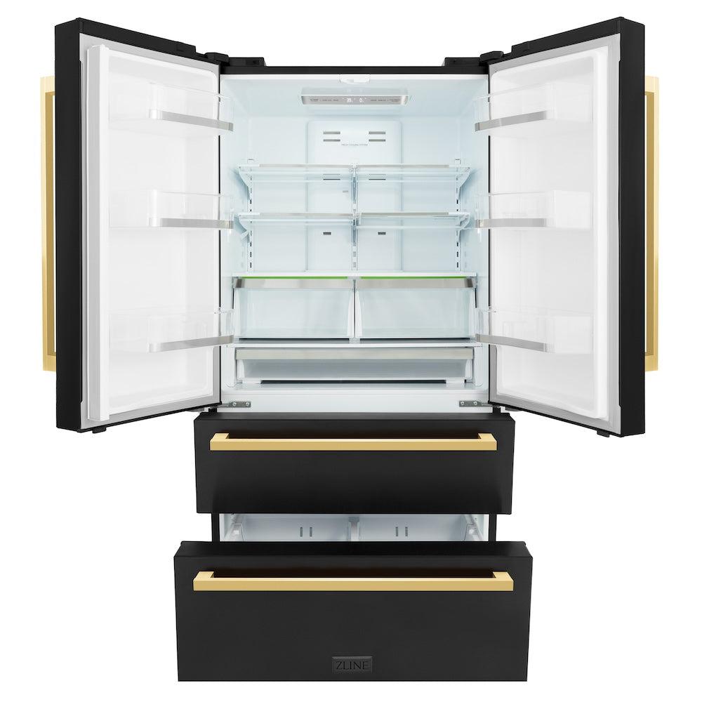 ZLINE Autograph Edition 36 in. 22.5 cu. ft 4-Door French Door Refrigerator with Ice Maker in Black Stainless Steel with Polished Gold Square Handles (RFMZ-36-BS-FG) front, doors and bottom freezer drawers open.