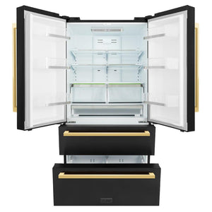 ZLINE Autograph Edition 36 in. 22.5 cu. ft. Counter-Depth French Door Refrigerator with Ice Maker in Fingerprint-Resistant Black Stainless Steel and Polished Gold Modern Handles (RFMZ-36-BS-FG) front, refrigeration compartment and bottom freezer drawers open.