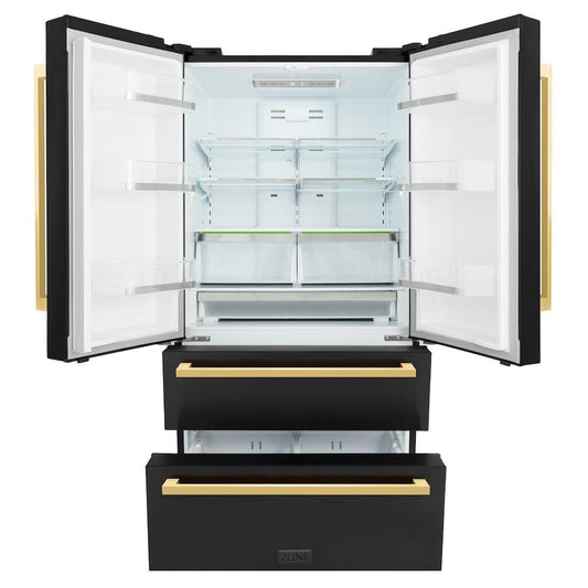 ZLINE Autograph Edition 36 in. 22.5 cu. ft. Counter-Depth French Door Refrigerator with Ice Maker in Fingerprint-Resistant Black Stainless Steel and Polished Gold Modern Handles (RFMZ-36-BS-FG) front, refrigeration compartment and bottom freezer drawers open.