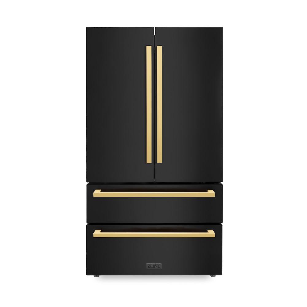 ZLINE Autograph Edition 36 in. 22.5 cu. ft 4-Door French Door Refrigerator with Ice Maker in Black Stainless Steel with Polished Gold Square Handles (RFMZ-36-BS-FG) front.