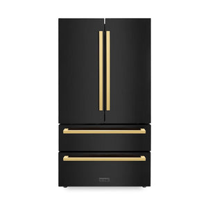 ZLINE Autograph Edition 36 in. 22.5 cu. ft. Counter-Depth French Door Refrigerator with Ice Maker in Fingerprint-Resistant Black Stainless Steel and Polished Gold Modern Handles (RFMZ-36-BS-FG) front, closed.