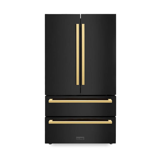 ZLINE Autograph Edition 36 in. 22.5 cu. ft. Counter-Depth French Door Refrigerator with Ice Maker in Fingerprint-Resistant Black Stainless Steel and Polished Gold Modern Handles (RFMZ-36-BS-FG) front, closed.