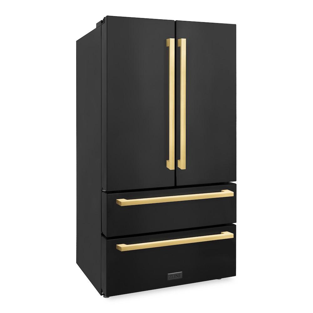 ZLINE Autograph Edition 36 in. French Door Refrigerator in Black Stainless Steel with Polished Gold Square Handles (RFMZ-36-BS-FG) side, doors closed.