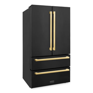 ZLINE Autograph Edition 36 in. 22.5 cu. ft. Counter-Depth French Door Refrigerator with Ice Maker in Fingerprint-Resistant Black Stainless Steel and Polished Gold Modern Handles (RFMZ-36-BS-FG) side, closed.