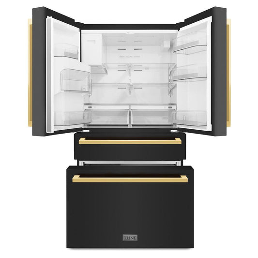 ZLINE Autograph Edition 36 in. 21.6 cu. ft. Counter-Depth French Door Refrigerator with Water and Ice Dispenser in Fingerprint-Resistant Black Stainless Steel with Polished Gold Modern Handles (RFMZ-W-36-BS-FG) front, refrigeration compartment and bottom freezer drawers open.