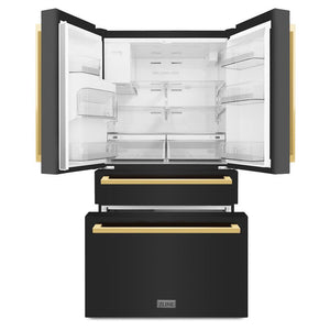 ZLINE Autograph Edition 36 in. 21.6 cu. ft 4-Door French Door Refrigerator with Water and Ice Dispenser in Black Stainless Steel with Polished Gold Square Handles (RFMZ-W-36-BS-FG) front, doors and bottom freezer drawers open.