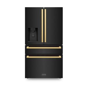 ZLINE Autograph Edition 36 in. 21.6 cu. ft 4-Door French Door Refrigerator with Water and Ice Dispenser in Black Stainless Steel with Polished Gold Square Handles (RFMZ-W-36-BS-FG) front.