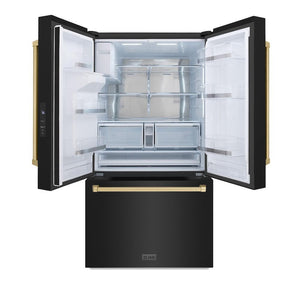ZLINE Autograph Edition 36 in. 28.9 cu. ft. Standard-Depth French Door External Water Dispenser Refrigerator with Dual Ice Maker in Black Stainless Steel and Champagne Bronze Handles (RSMZ-W-36-BS-CB) front, doors open.