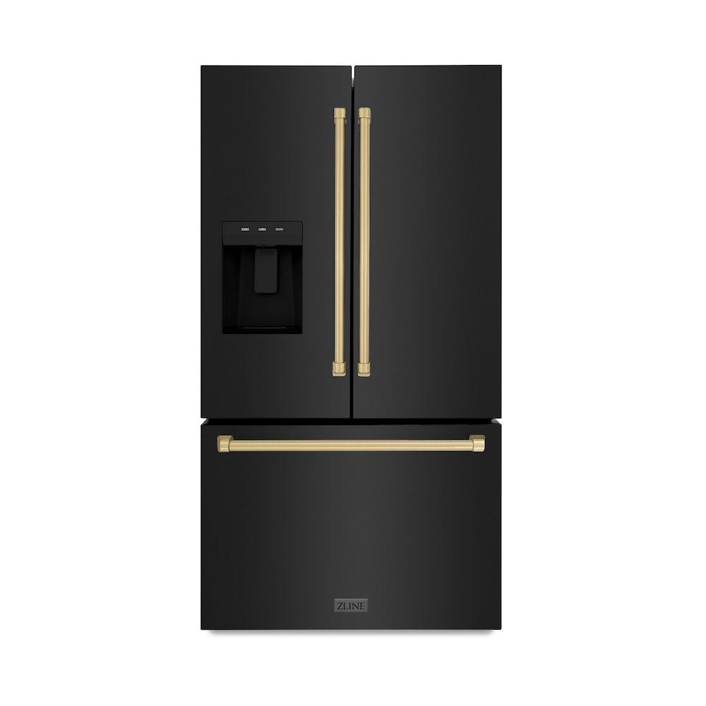 ZLINE Autograph Edition 36 in. 28.9 cu. ft. Standard-Depth French Door External Water Dispenser Refrigerator with Dual Ice Maker in Black Stainless Steel and Champagne Bronze Handles (RSMZ-W-36-BS-CB) front.