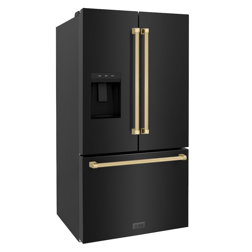 ZLINE Autograph Edition 36" Standard-Depth French Door Black Stainless Steel Refrigerator with Champagne Bronze Accents (RSMZ-W-36-BS-CB) Side, Doors Closed