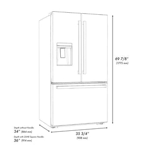 ZLINE Autograph Edition 36 in. 28.9 cu. ft. Standard-Depth French Door External Water Dispenser Refrigerator with Dual Ice Maker in Black Stainless Steel and Champagne Bronze Square Handles (RSMZ-W36-BS-FCB) dimensional diagram with measurements.