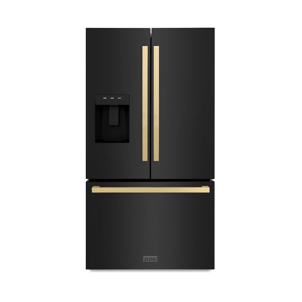 ZLINE Autograph Edition 36 in. 28.9 cu. ft. Standard-Depth French Door External Water Dispenser Refrigerator with Dual Ice Maker in Black Stainless Steel and Champagne Bronze Square Handles (RSMZ-W36-BS-FCB) front.
