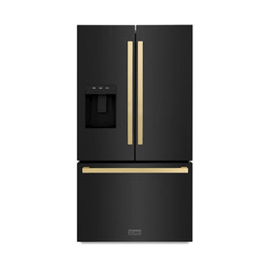 ZLINE Autograph Edition 36 in. 28.9 cu. ft. Standard-Depth French Door External Water Dispenser Refrigerator with Dual Ice Maker in Black Stainless Steel and Champagne Bronze Square Handles (RSMZ-W36-BS-FCB) front.