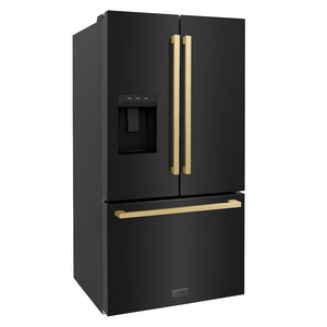 ZLINE Autograph Edition 36 in. Standard-Depth French Door Refrigerator in Black Stainless Steel with Square Champagne Bronze Handles (RSMZ-W-36-BS-FCB) side, doors closed.