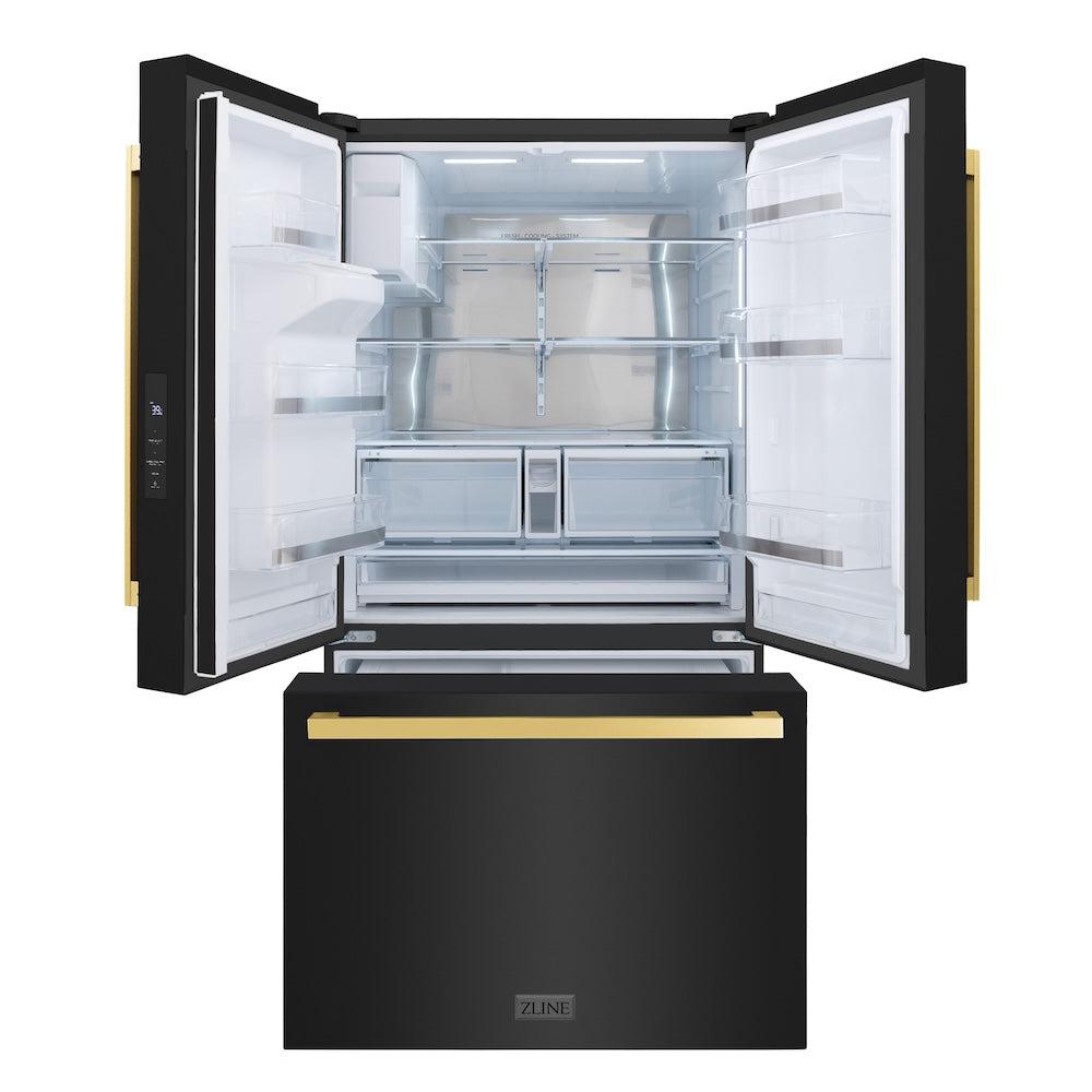 ZLINE Autograph Edition 36 in. Standard-Depth French Door Refrigerator in Black Stainless Steel with Square Polished Gold Handles (RSMZ-W-36-BS-FG) front, doors and bottom freezer drawer open.