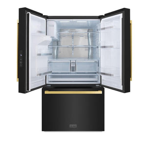 ZLINE Autograph Edition 36 in. 28.9 cu. ft. Standard-Depth French Door External Water Dispenser Refrigerator with Dual Ice Maker in Fingerprint-Resistant Black Stainless Steel and Polished Gold Modern Handles (RSMZ-W-36-BS-FG) front, open.