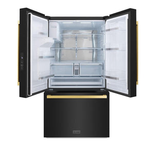 ZLINE Autograph Edition 36 in. 28.9 cu. ft. Standard-Depth French Door External Water Dispenser Refrigerator with Dual Ice Maker in Black Stainless Steel and Polished Gold Square Handles (RSMZ-W-36-BS-FG) front, doors open.