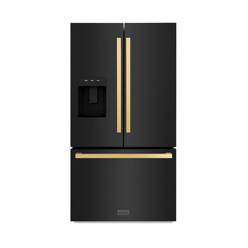 ZLINE Autograph Edition 36 in. 28.9 cu. ft. Standard-Depth French Door External Water Dispenser Refrigerator with Dual Ice Maker in Black Stainless Steel and Polished Gold Square Handles (RSMZ-W-36-BS-FG) front.