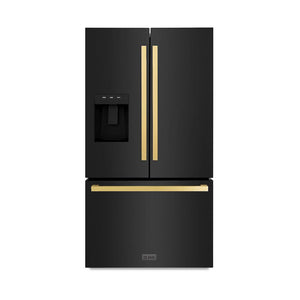 ZLINE Autograph Edition 36 in. 28.9 cu. ft. Standard-Depth French Door External Water Dispenser Refrigerator with Dual Ice Maker in Black Stainless Steel and Polished Gold Modern Handles (RSMZ-W-36-BS-FG) front, closed.