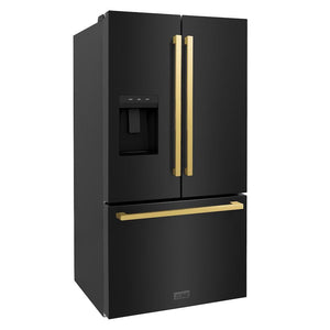 ZLINE Autograph Edition 36 in. 28.9 cu. ft. Standard-Depth French Door External Water Dispenser Refrigerator with Dual Ice Maker in Black Stainless Steel and Polished Gold Modern Handles (RSMZ-W-36-BS-FG) side, closed.