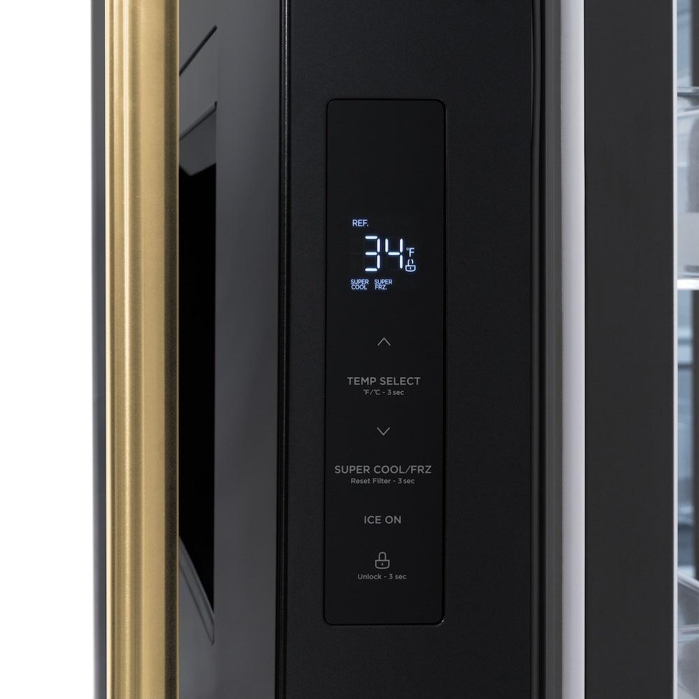 ZLINE Autograph Edition 36" Standard-Depth French Door Black Stainless Steel Refrigerator with Polished Gold accents (RSMZ-W-36-BS-G) close up, Digital LED Display and Temperature Control.