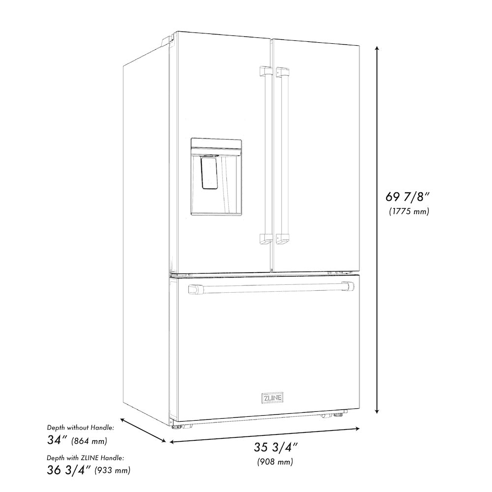 ZLINE Autograph Edition 36 in. 28.9 cu. ft. Standard-Depth French Door External Water Dispenser Refrigerator with Dual Ice Maker in Black Stainless Steel and Polished Gold Handles (RSMZ-W-36-BS-G) dimensional diagram with measurements.