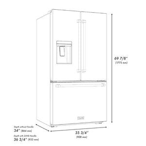 ZLINE Autograph Edition 36 in. 28.9 cu. ft. Standard-Depth French Door External Water Dispenser Refrigerator with Dual Ice Maker in Black Stainless Steel and Polished Gold Handles (RSMZ-W-36-BS-G) dimensional diagram with measurements.