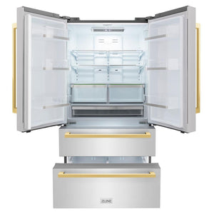 ZLINE Autograph Edition 36 in. 22.5 cu. ft. Counter-Depth French Door Refrigerator with Ice Maker in Fingerprint-Resistant Stainless Steel with Polished Gold Modern Handles (RFMZ-36-FG) front, refrigeration compartment and bottom freezer drawers open.