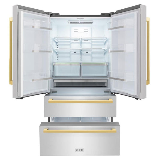 ZLINE Autograph Edition 36 in. 22.5 cu. ft. Counter-Depth French Door Refrigerator with Ice Maker in Fingerprint-Resistant Stainless Steel with Polished Gold Modern Handles (RFMZ-36-FG) front, refrigeration compartment and bottom freezer drawers open.