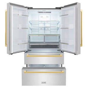 ZLINE Autograph Edition 36 in. 22.5 cu. ft 4-Door French Door Refrigerator with Ice Maker in Stainless Steel with Polished Gold Square Handles (RFMZ-36-FG) front, doors and bottom freezer drawers open.
