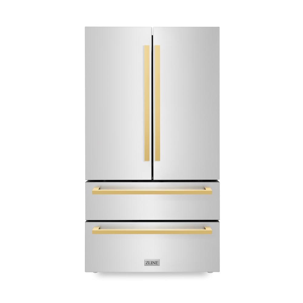 ZLINE Autograph Edition 36 in. 22.5 cu. ft 4-Door French Door Refrigerator with Ice Maker in Stainless Steel with Polished Gold Square Handles (RFMZ-36-FG) front.