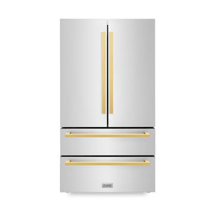 ZLINE Autograph Edition 36 in. 22.5 cu. ft. Counter-Depth French Door Refrigerator with Ice Maker in Fingerprint-Resistant Stainless Steel with Polished Gold Modern Handles (RFMZ-36-FG) front, closed.