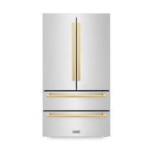 ZLINE Autograph Edition 36 in. 22.5 cu. ft 4-Door French Door Refrigerator with Ice Maker in Stainless Steel with Polished Gold Square Handles (RFMZ-36-FG) front.
